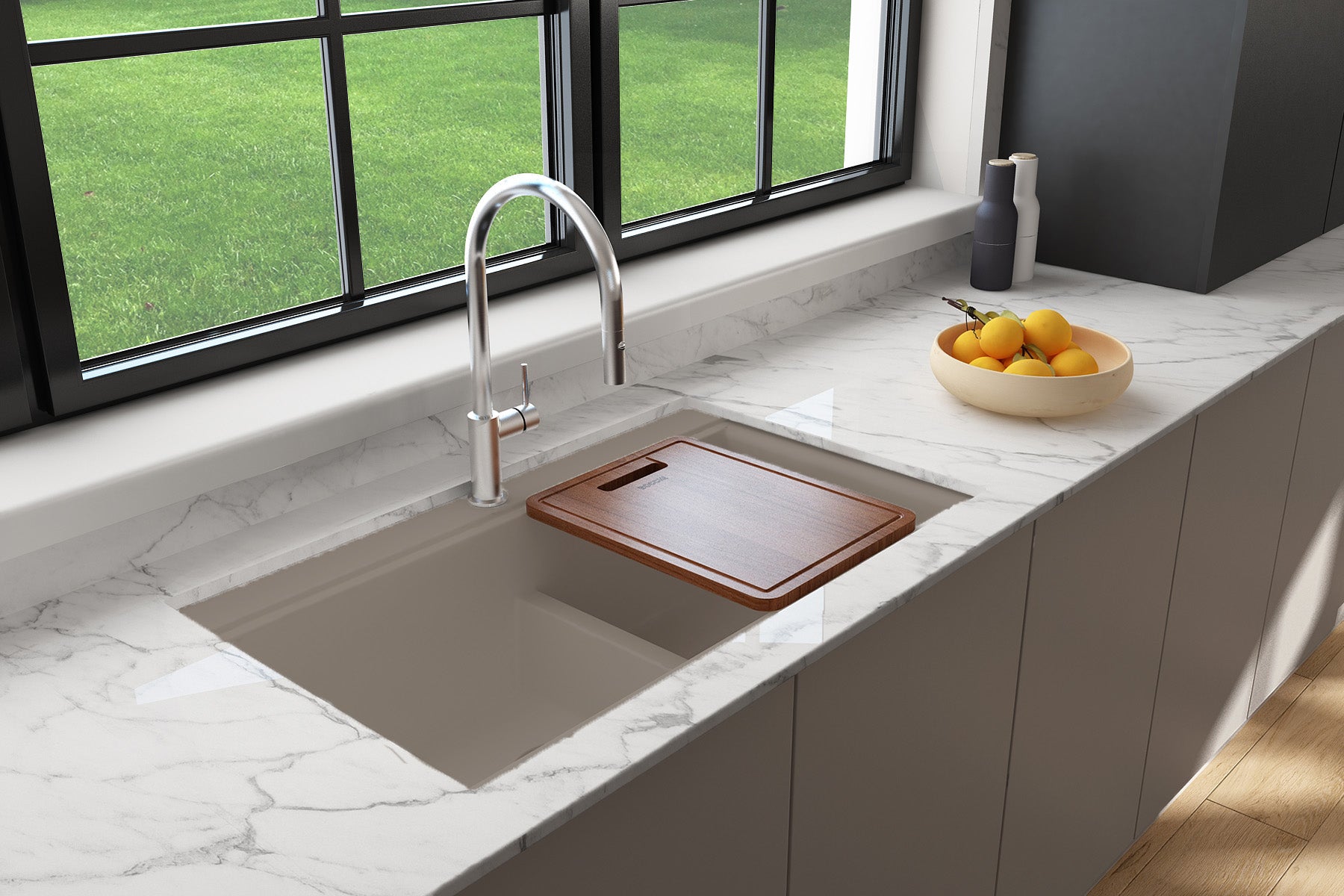 BOCCHI BAVENO LUX 34" Double Bowl Granite Composite Kitchen Sink with Integrated Workstation and Accessories  in Mink with cutting board.