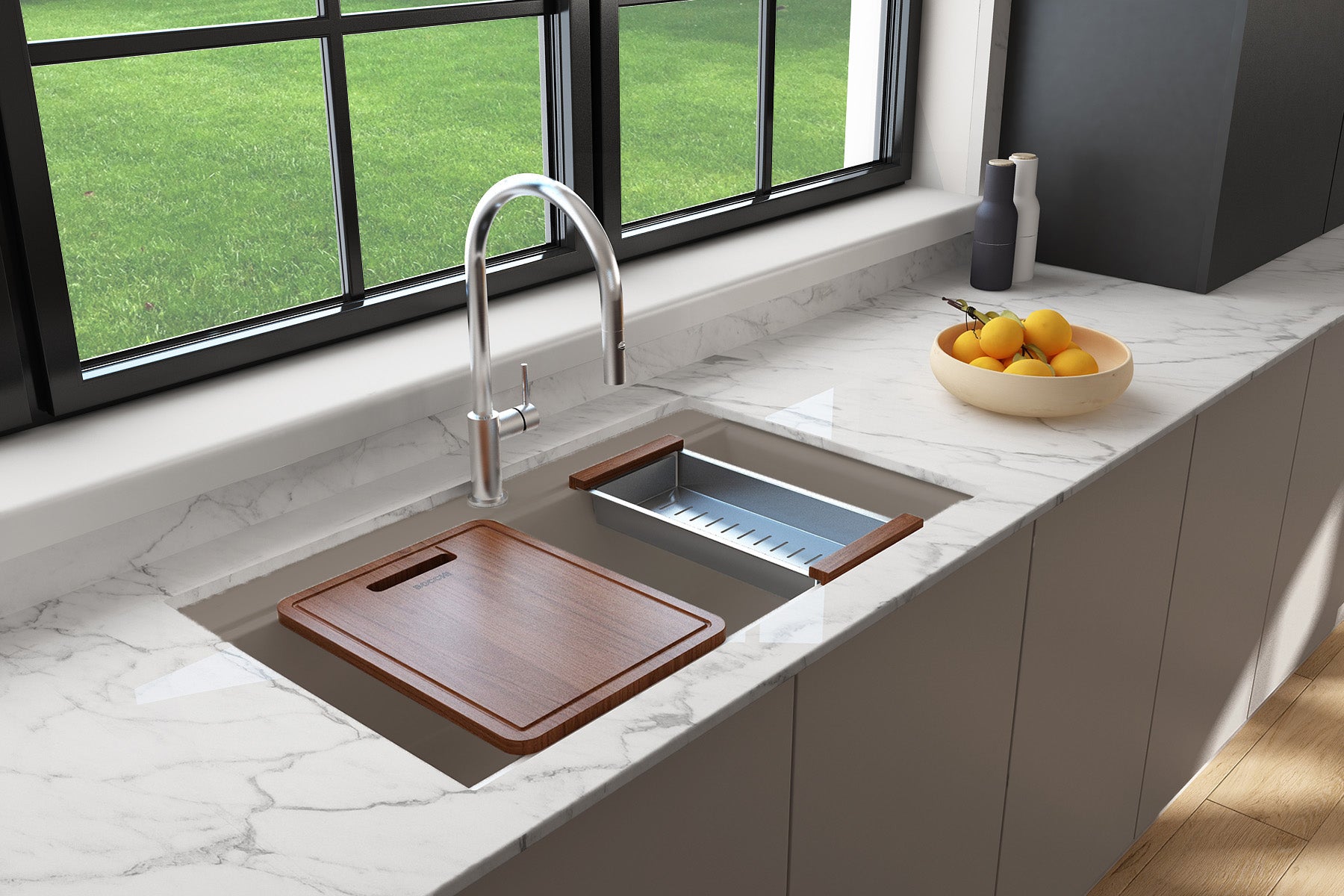 BOCCHI BAVENO LUX 34" Double Bowl Granite Composite Kitchen Sink with Integrated Workstation and Accessories  in Mink color, installed in kitchen and featuring cutting board and colander
