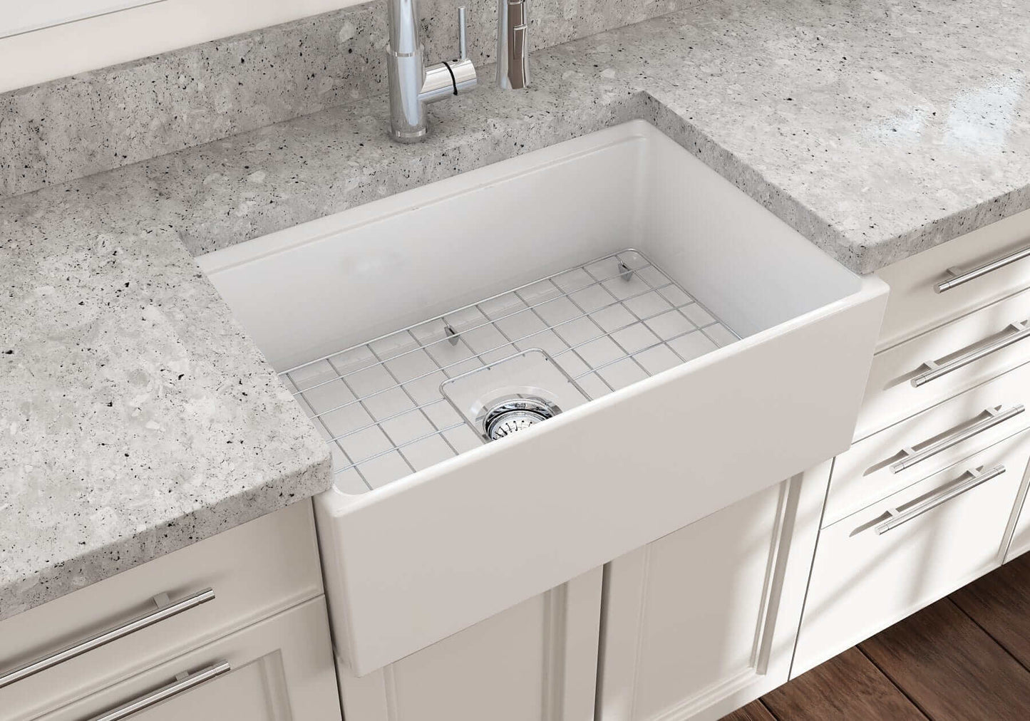 BOCCHI CONTEMPO 27" Fireclay Farmhouse Workstation Kitchen Sink with Accessories in a modern kitchen setting.