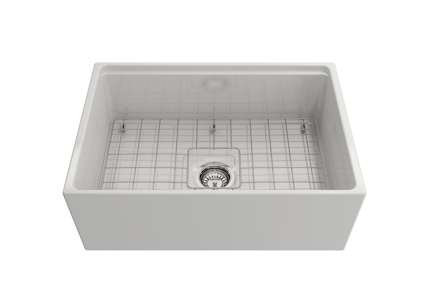 BOCCHI CONTEMPO 27" Fireclay Farmhouse Workstation Kitchen Sink with Accessories - top view showing grid and drain.