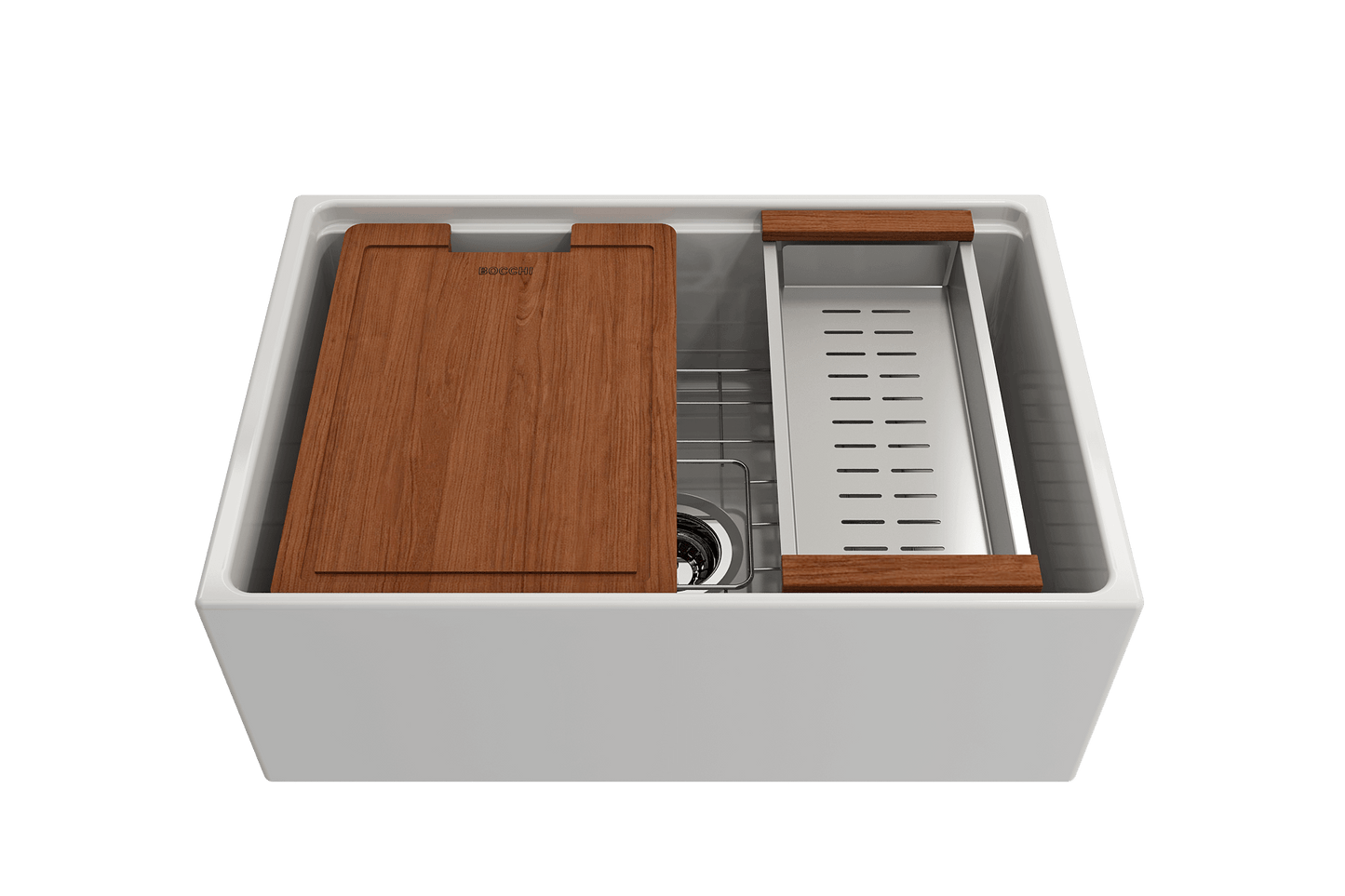 BOCCHI CONTEMPO 27" Fireclay Farmhouse Workstation Kitchen Sink with Accessories top view with wooden components.