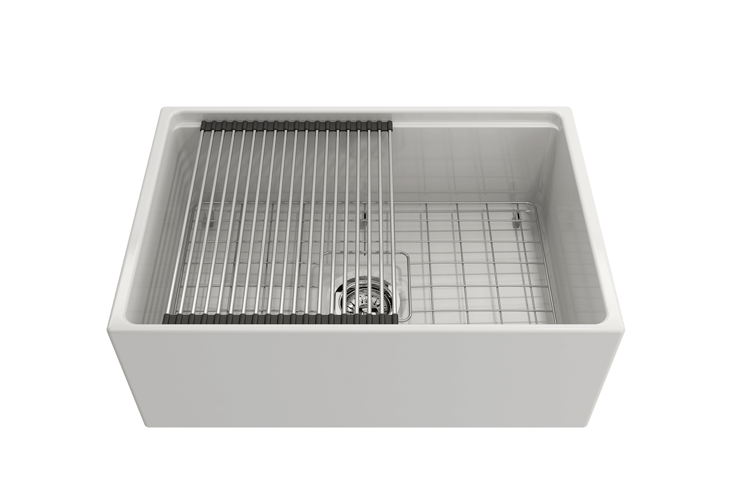 BOCCHI CONTEMPO 27" Fireclay Farmhouse Workstation Kitchen Sink with Accessories top view.
