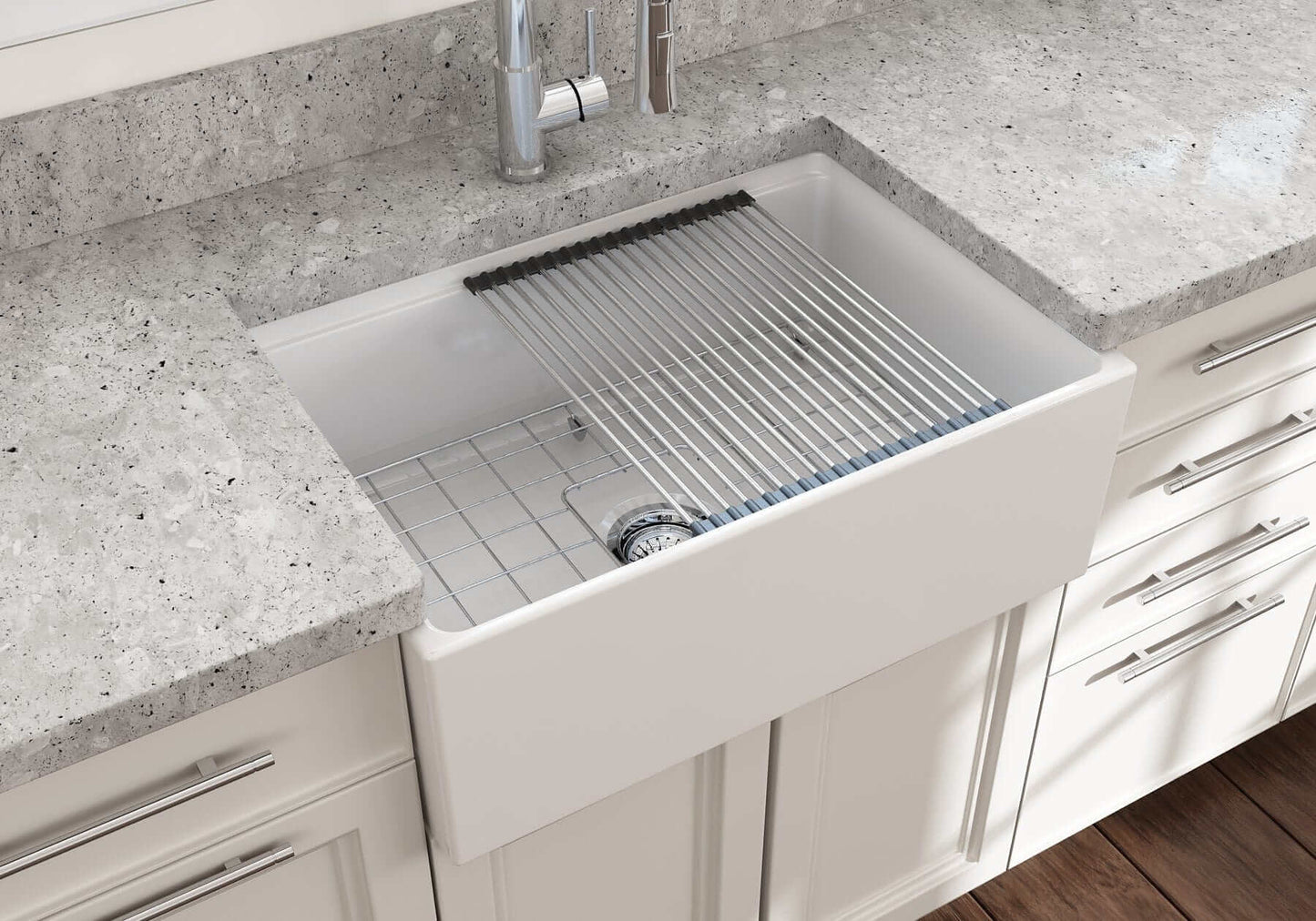 BOCCHI CONTEMPO 27" Fireclay Farmhouse Workstation Kitchen Sink with Accessories showcased in a modern kitchen setting.