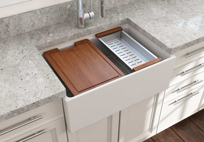 BOCCHI CONTEMPO 27" Fireclay Farmhouse Workstation Kitchen Sink with Accessories showcasing integrated ledge and wooden accessory.