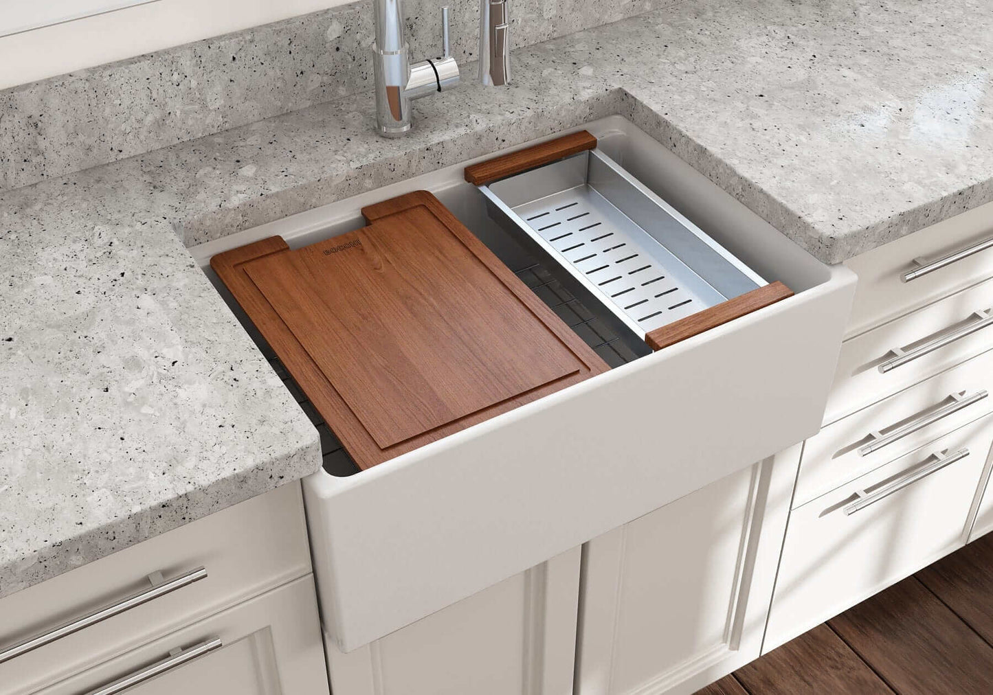 BOCCHI CONTEMPO 27" Fireclay Farmhouse Workstation Kitchen Sink with Accessories showcasing integrated ledge and wooden accessory.