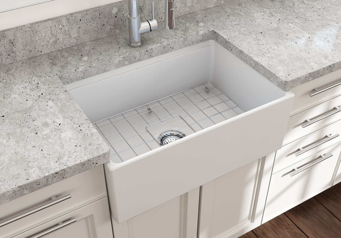 BOCCHI CONTEMPO 27" Fireclay Farmhouse Workstation Kitchen Sink with Accessories in a modern kitchen setting.
