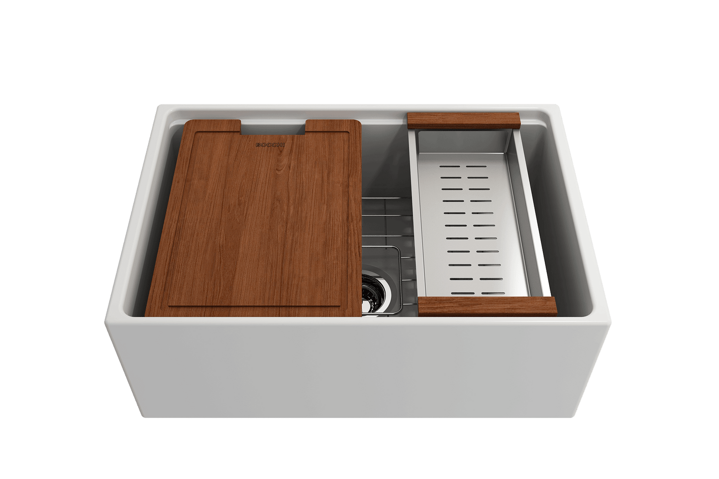 BOCCHI CONTEMPO 27" Fireclay Farmhouse Workstation Kitchen Sink with Accessories and wooden cutting board.
