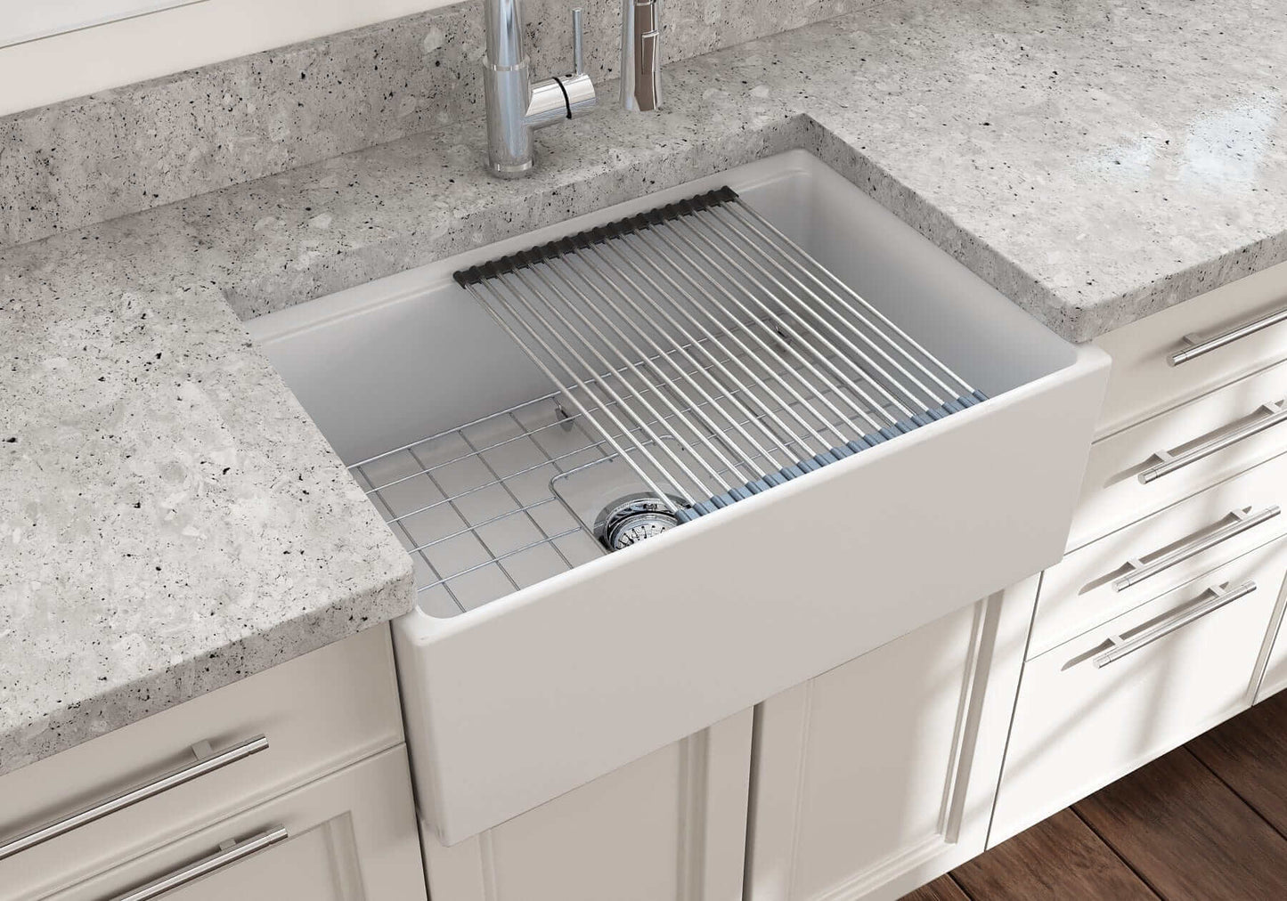 BOCCHI CONTEMPO 27" Fireclay Farmhouse Workstation Kitchen Sink with Accessories in a modern kitchen setting.