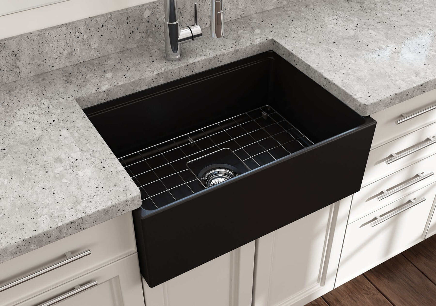 BOCCHI CONTEMPO 27" Fireclay Farmhouse Workstation Kitchen Sink with Accessories in a stylish kitchen setting.