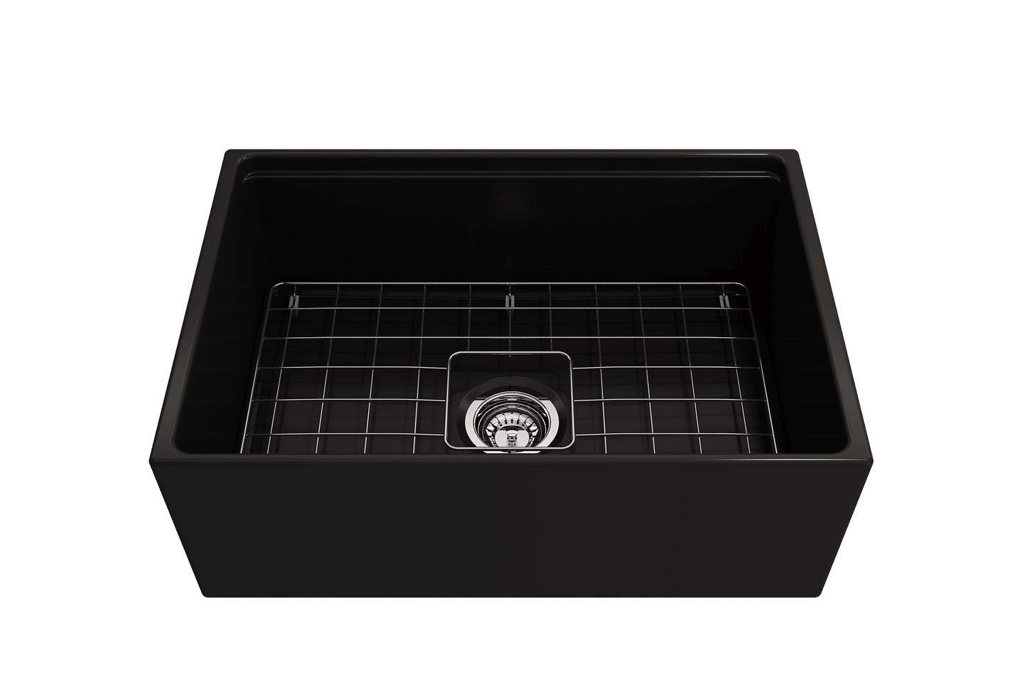 BOCCHI CONTEMPO 27" Fireclay Farmhouse Workstation Kitchen Sink with Accessories, top view showing grid and drain.