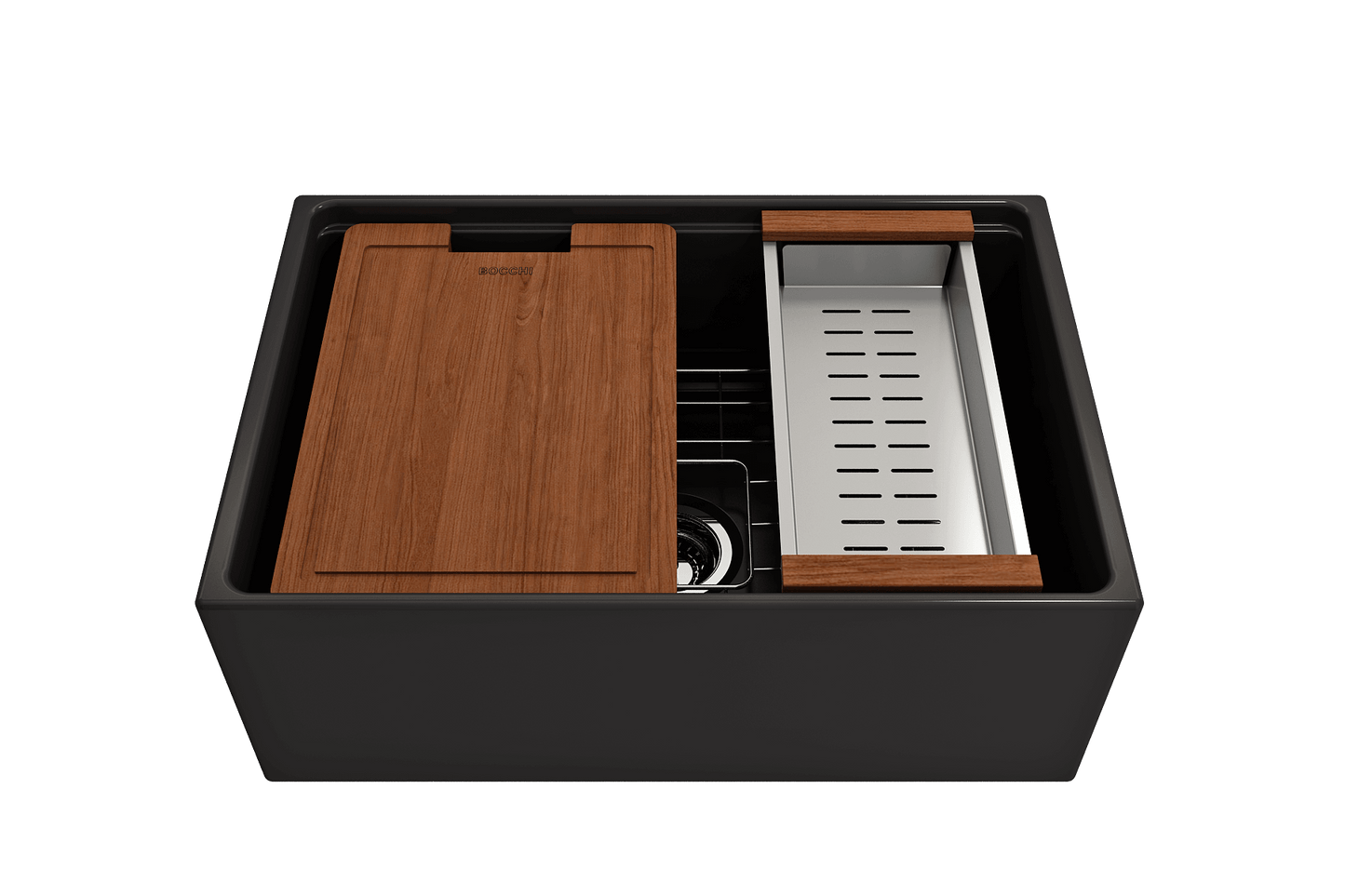BOCCHI CONTEMPO 27" Fireclay Farmhouse Workstation Kitchen Sink with Accessories including cutting board and colander.