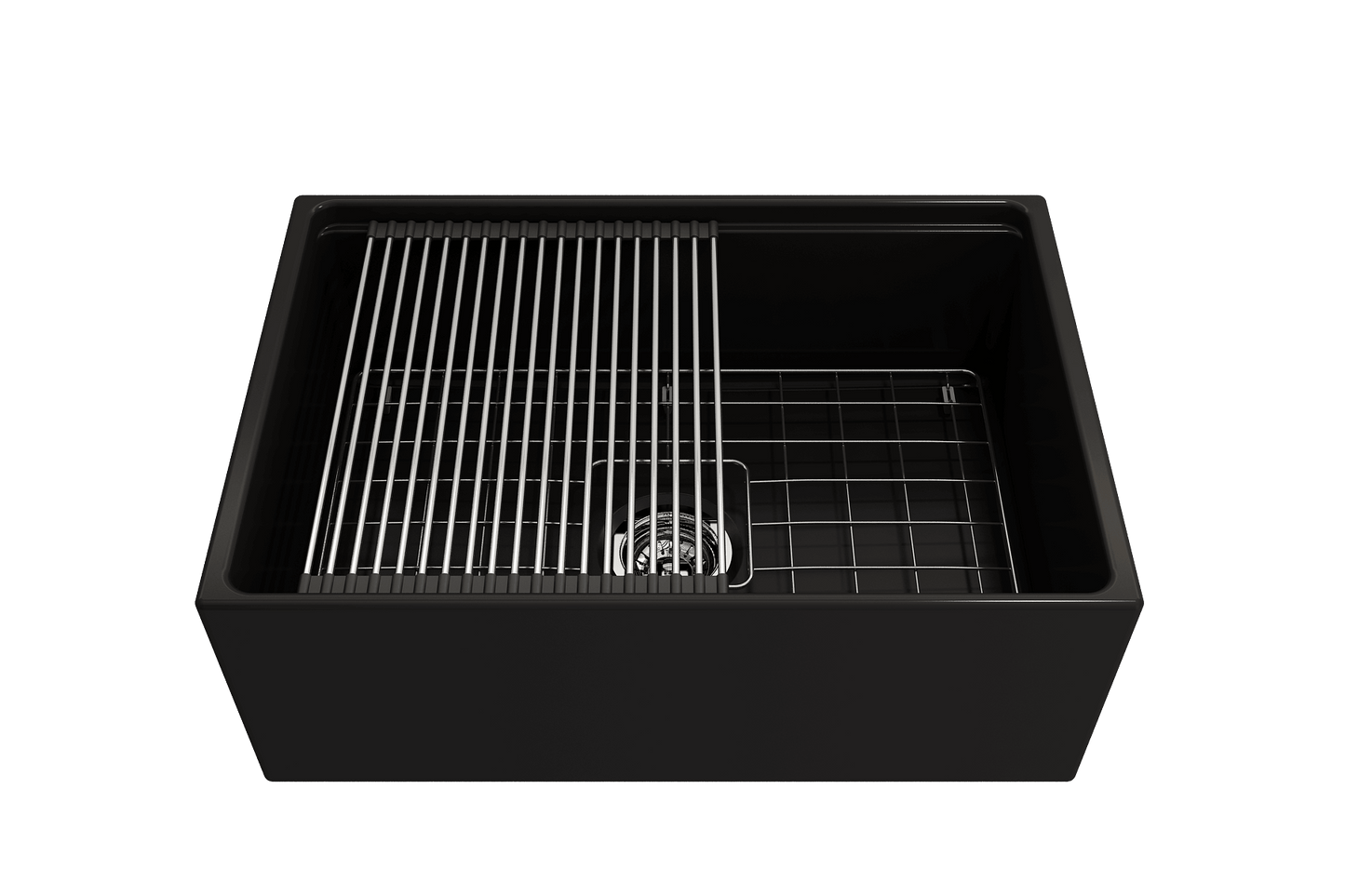 BOCCHI CONTEMPO 27" Fireclay Farmhouse Workstation Kitchen Sink with Accessories showing integrated grid.