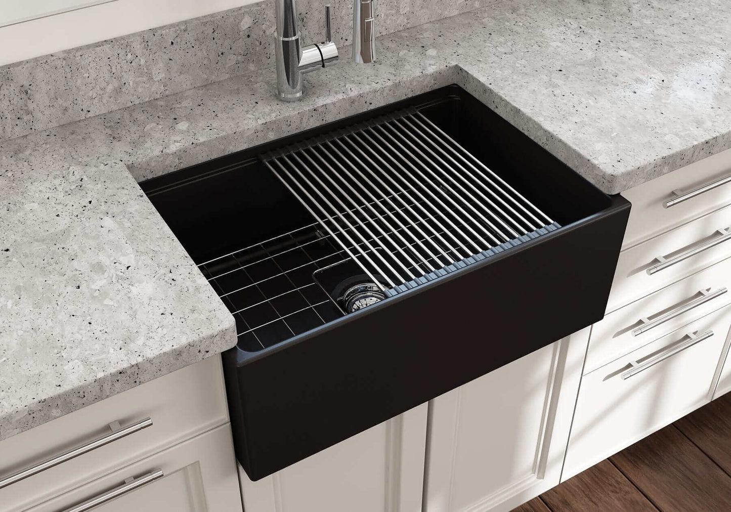 BOCCHI CONTEMPO 27" Fireclay Farmhouse Workstation Kitchen Sink with Accessories in a modern kitchen.