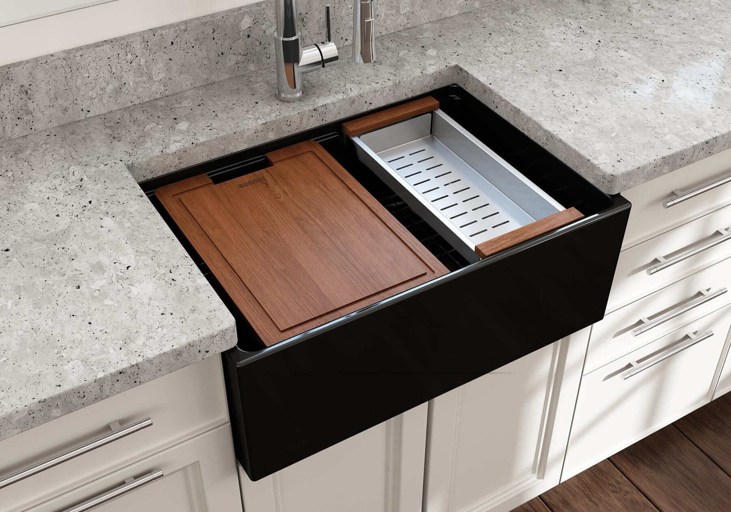 BOCCHI CONTEMPO 27" Fireclay Farmhouse Workstation Kitchen Sink with Accessories in a modern kitchen setting.