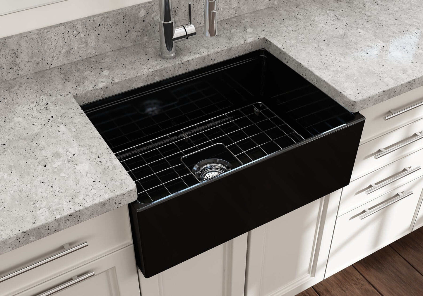 BOCCHI CONTEMPO 27" Fireclay Farmhouse Workstation Kitchen Sink with Accessories in a modern kitchen setting.