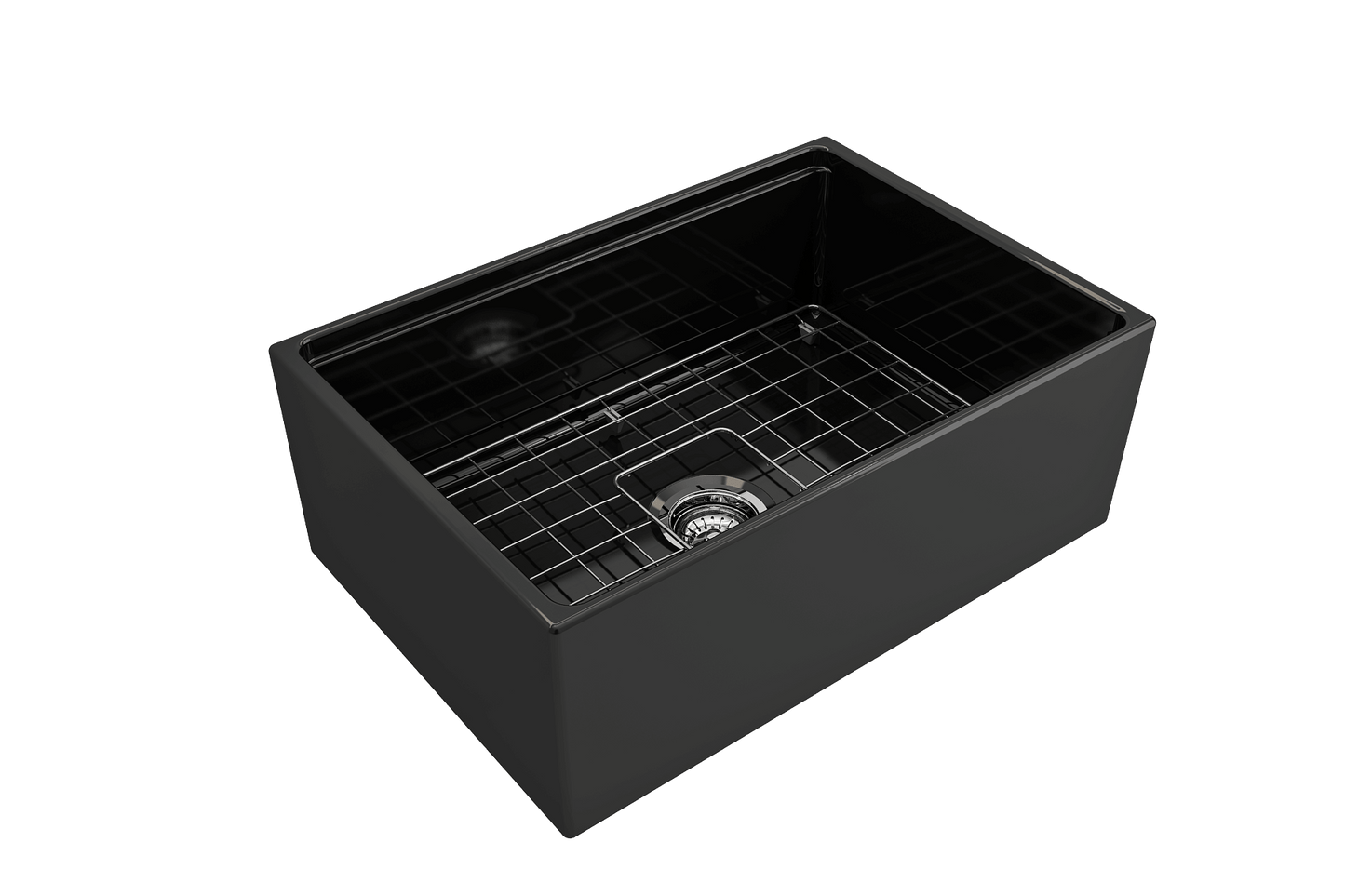 BOCCHI CONTEMPO 27" Fireclay Farmhouse Workstation Kitchen Sink with Accessories showcasing a sleek black finish.