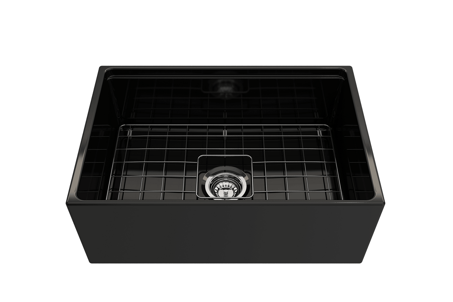 BOCCHI CONTEMPO 27" Fireclay Farmhouse Workstation Kitchen Sink with Accessories overhead view.
