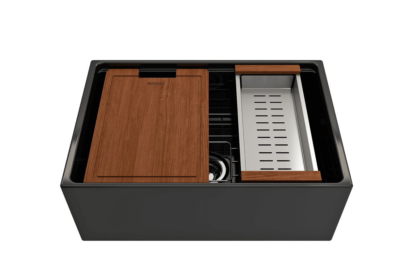 BOCCHI CONTEMPO 27" Fireclay Farmhouse Workstation Kitchen Sink with Accessories and wood cutting board.