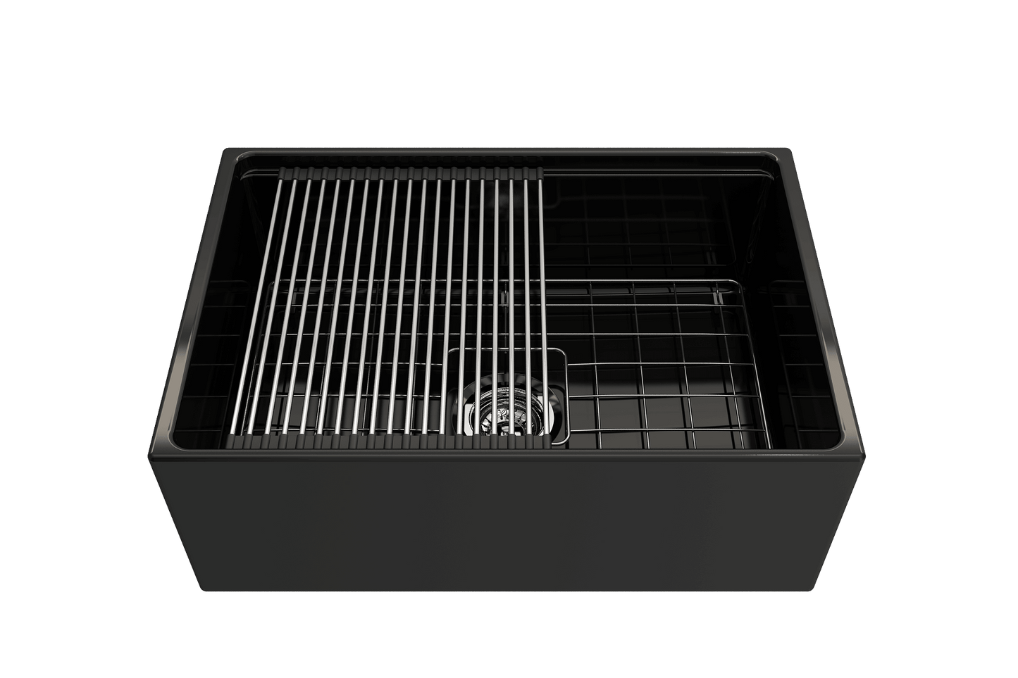 BOCCHI CONTEMPO 27" Fireclay Farmhouse Workstation Kitchen Sink with Accessories top view, featuring integrated ledge and grid.