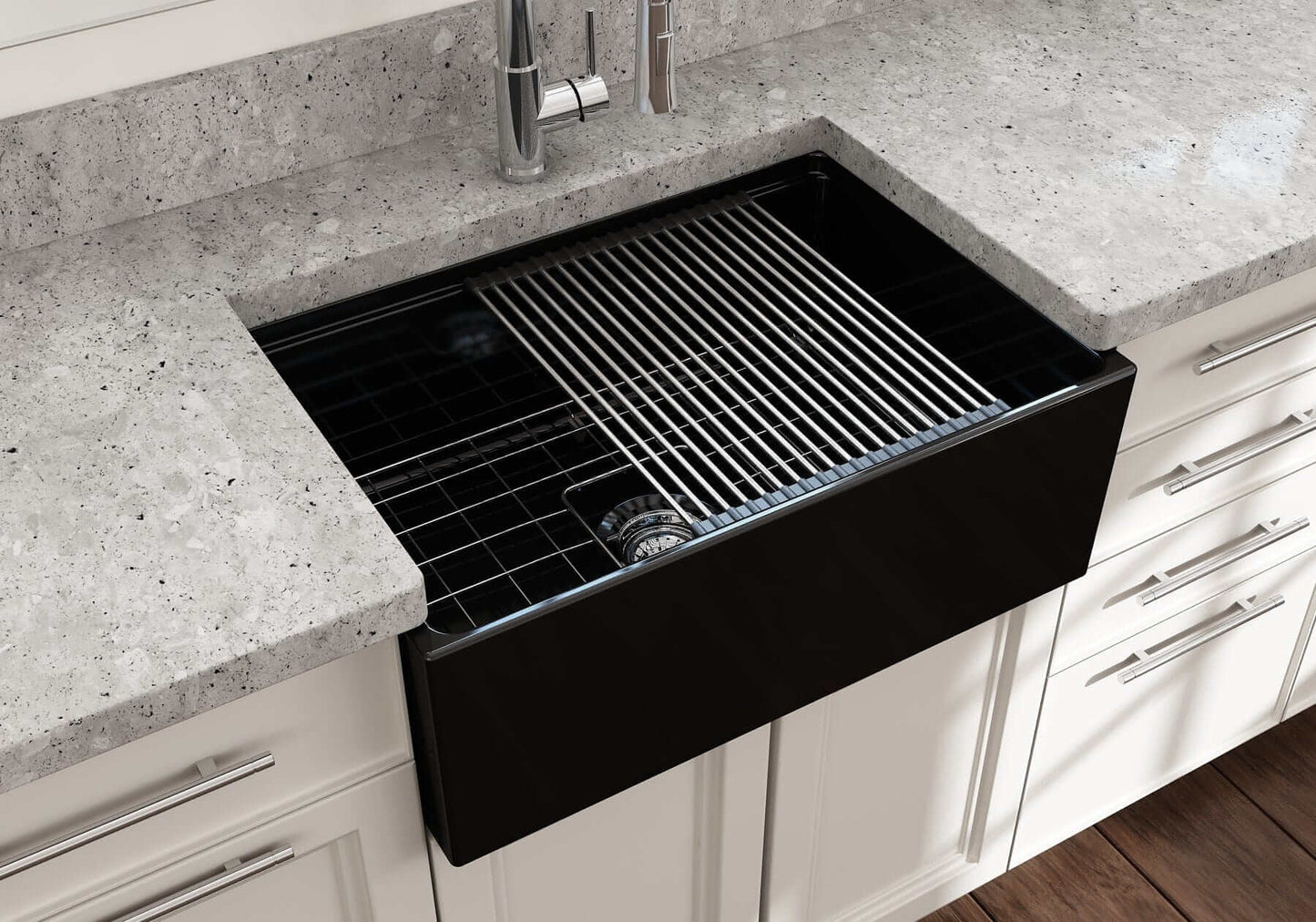 BOCCHI CONTEMPO 27" Fireclay Farmhouse Workstation Kitchen Sink with Accessories installed in modern kitchen.