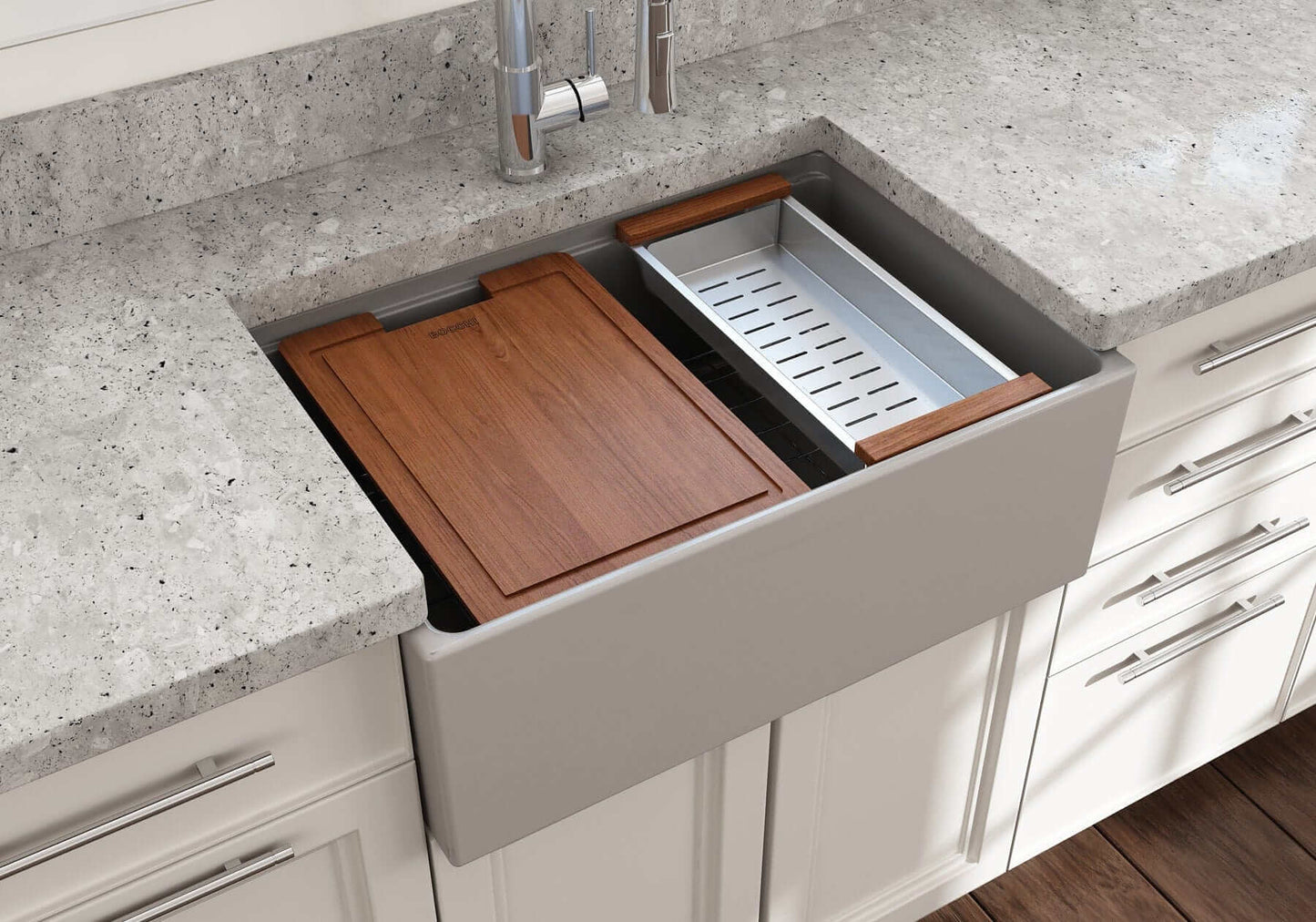 BOCCHI CONTEMPO 27" Fireclay Farmhouse Workstation Kitchen Sink with Accessories featuring wood and metal inserts.