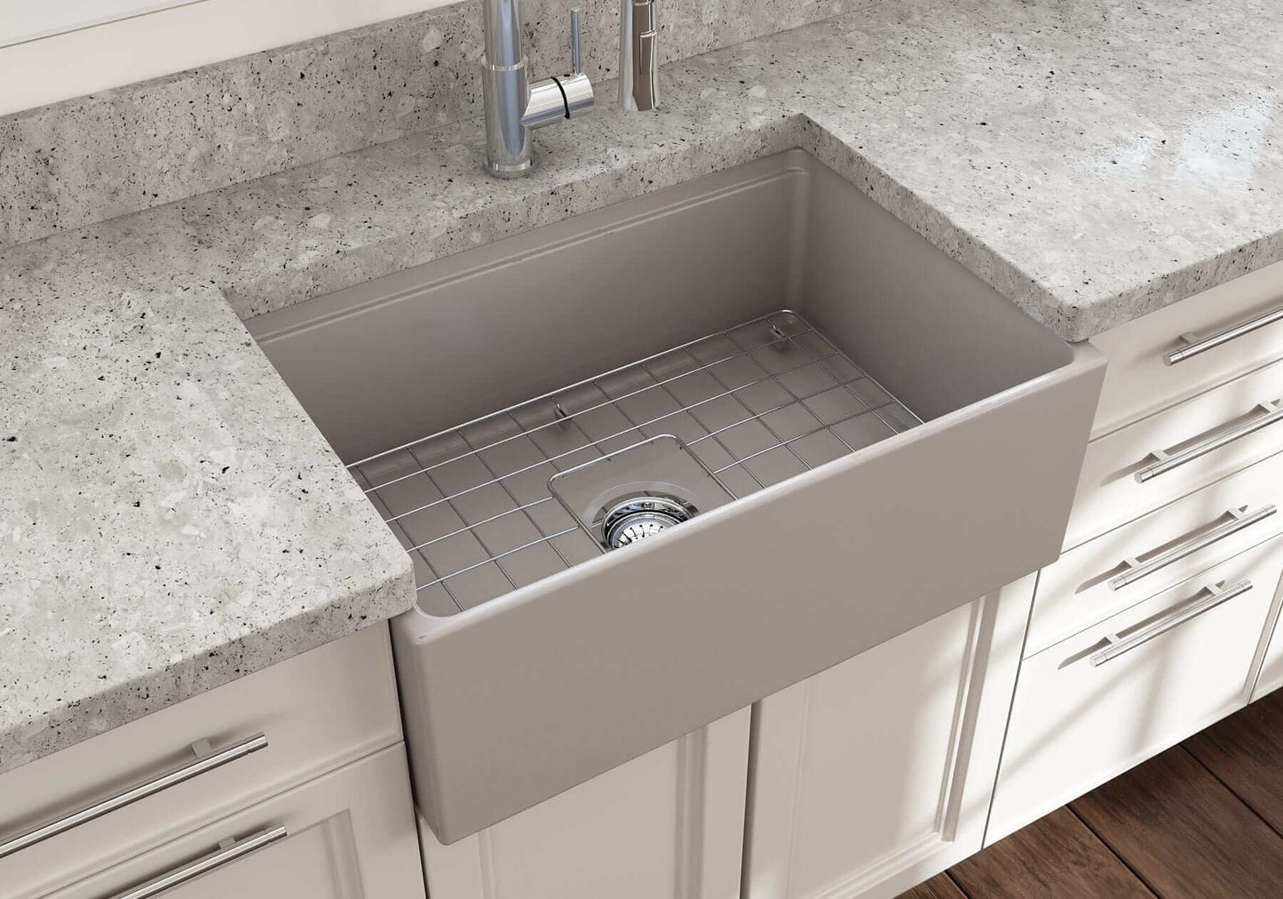 BOCCHI CONTEMPO 27" Fireclay Farmhouse Workstation Kitchen Sink with Accessories in modern kitchen setting.