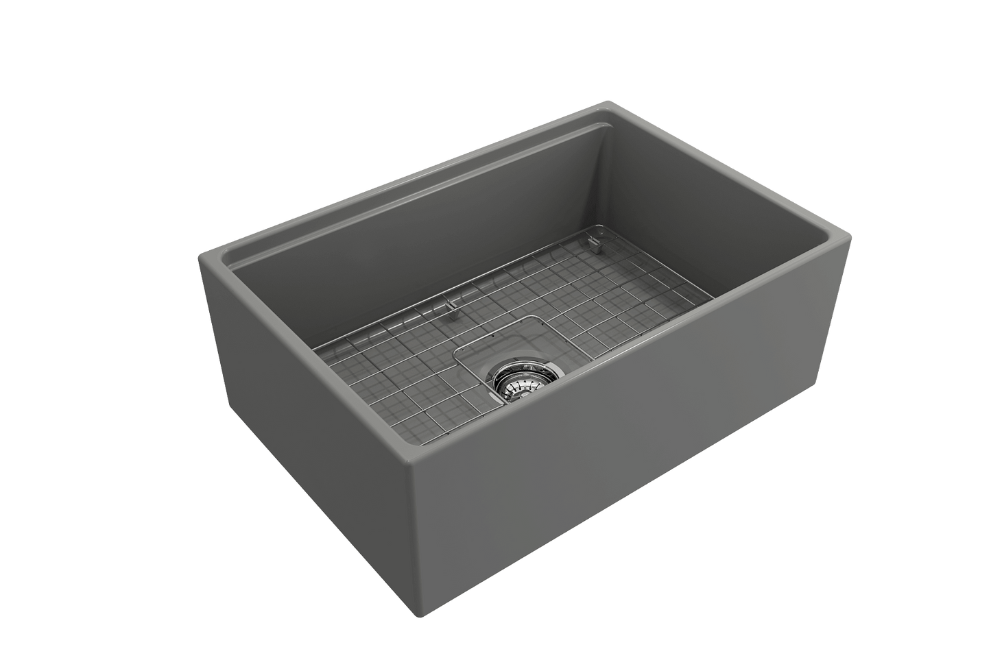 BOCCHI CONTEMPO 27" Fireclay Farmhouse Workstation Kitchen Sink with Accessories in gray finish.