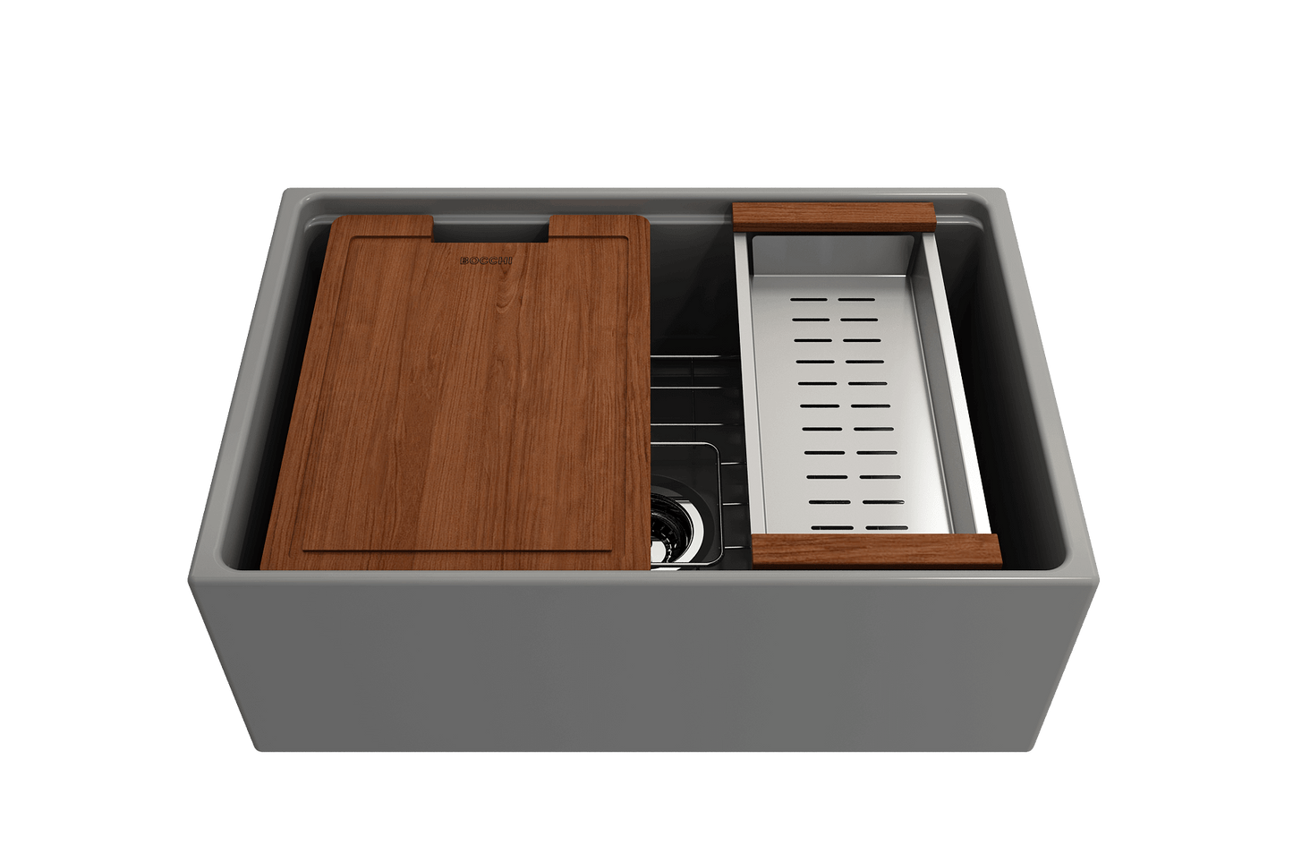 BOCCHI CONTEMPO 27" Fireclay Farmhouse Workstation Kitchen Sink with Accessories showing integrated ledge and wooden accessories.