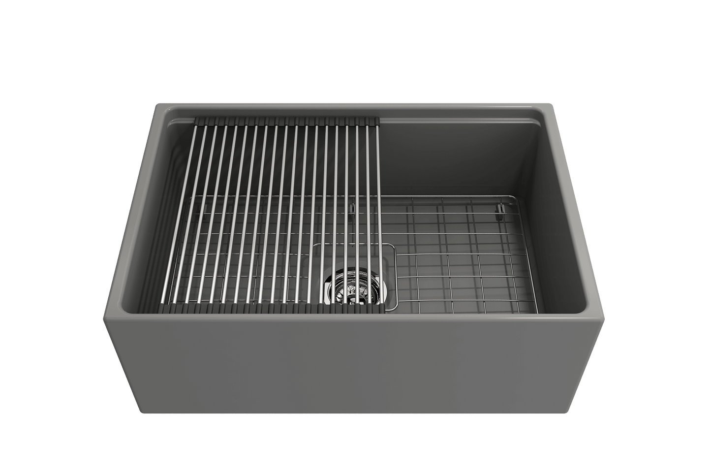 BOCCHI CONTEMPO 27" Fireclay Farmhouse Workstation Kitchen Sink with Accessories top view showcasing design and grid
