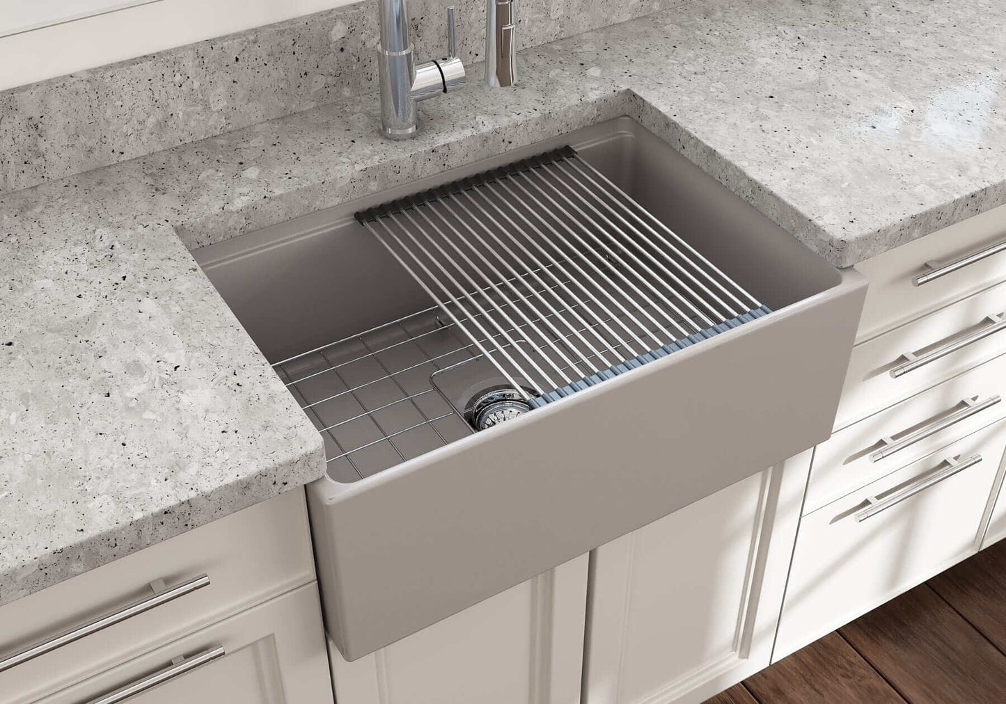 BOCCHI CONTEMPO 27" Fireclay Farmhouse Workstation Kitchen Sink with Accessories in modern kitchen setting.