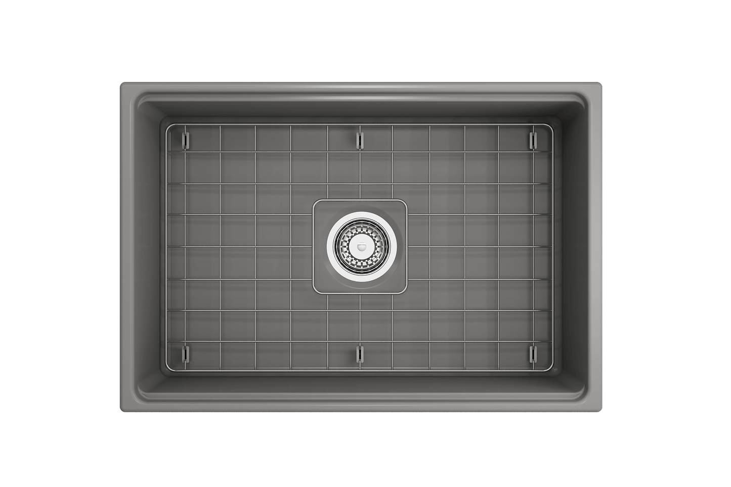 BOCCHI CONTEMPO 27" Fireclay Farmhouse Workstation Kitchen Sink with Accessories - top view image showing grid pattern.
