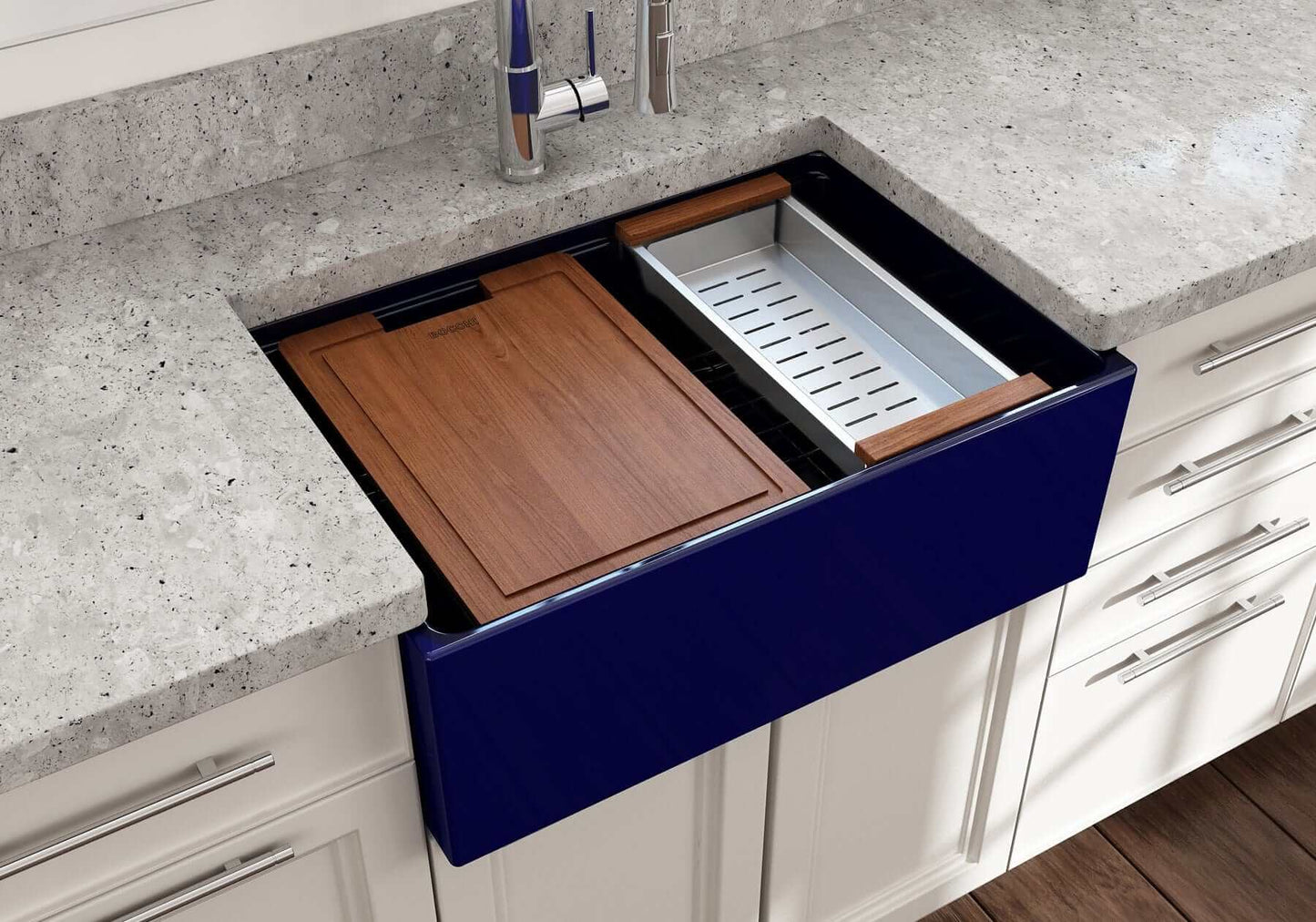 BOCCHI CONTEMPO 27" Fireclay Farmhouse Workstation Kitchen Sink with Accessories installed in kitchen.