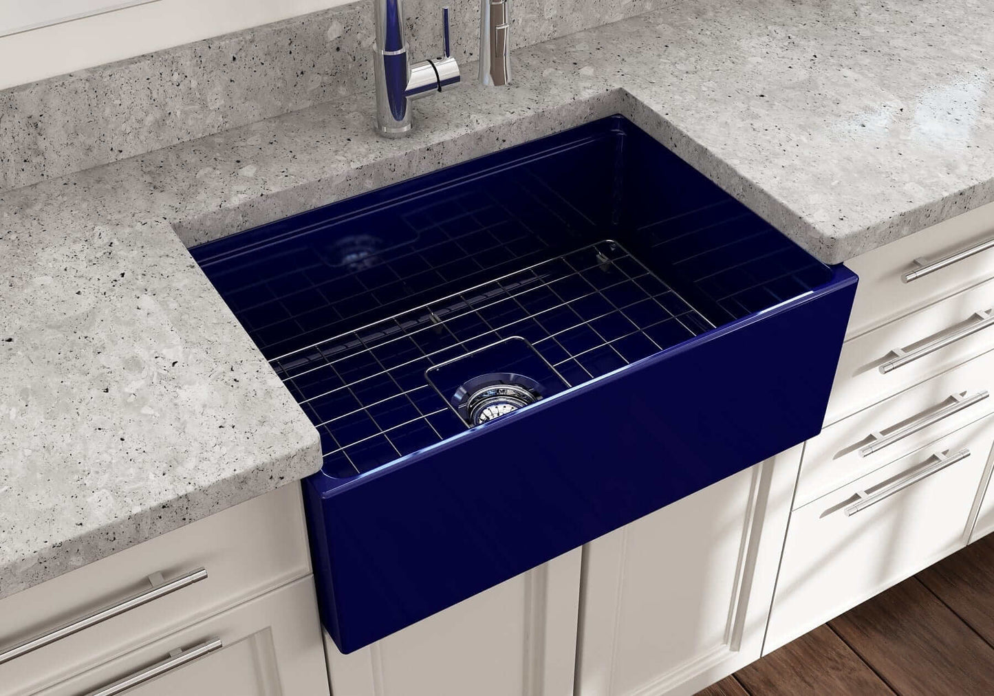 BOCCHI CONTEMPO 27" Fireclay Farmhouse Workstation Kitchen Sink with Accessories in blue on a kitchen countertop.