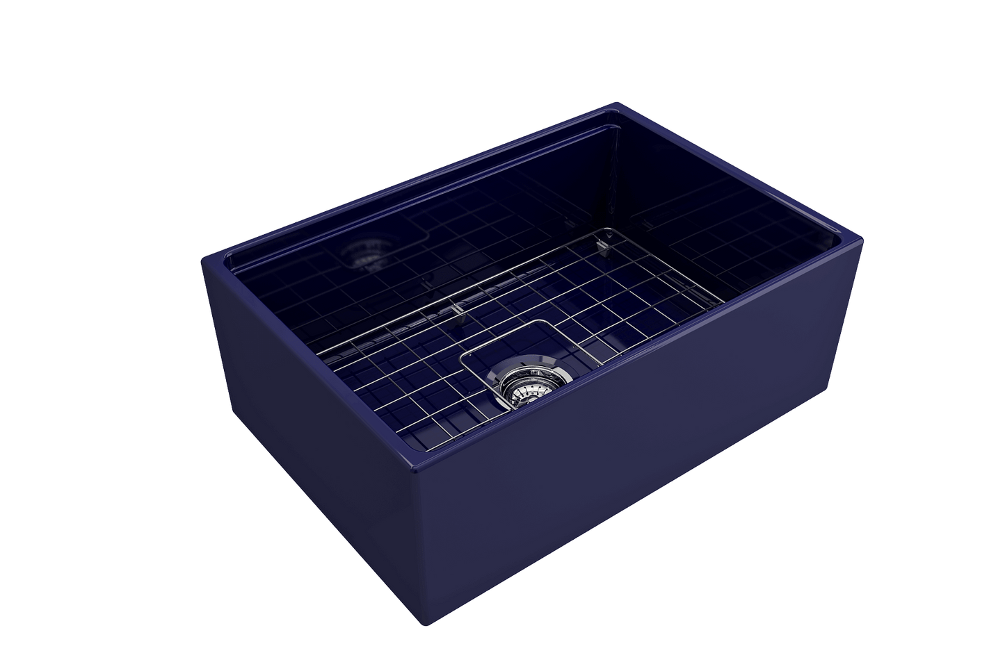 BOCCHI CONTEMPO 27" Fireclay Farmhouse Workstation Kitchen Sink with Accessories in deep blue color.