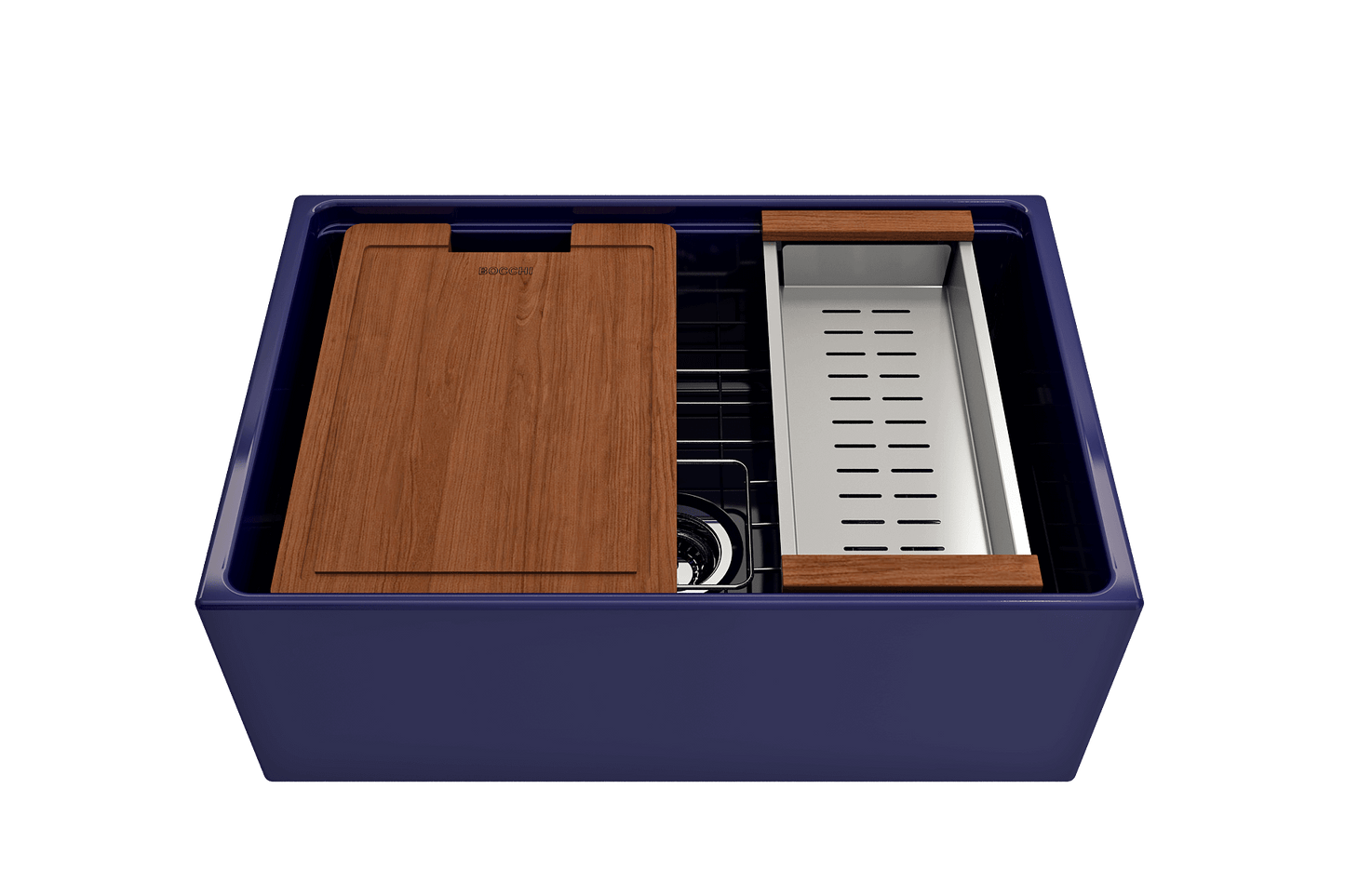 BOCCHI CONTEMPO 27" Fireclay Farmhouse Workstation Kitchen Sink with Accessories showing integrated features.