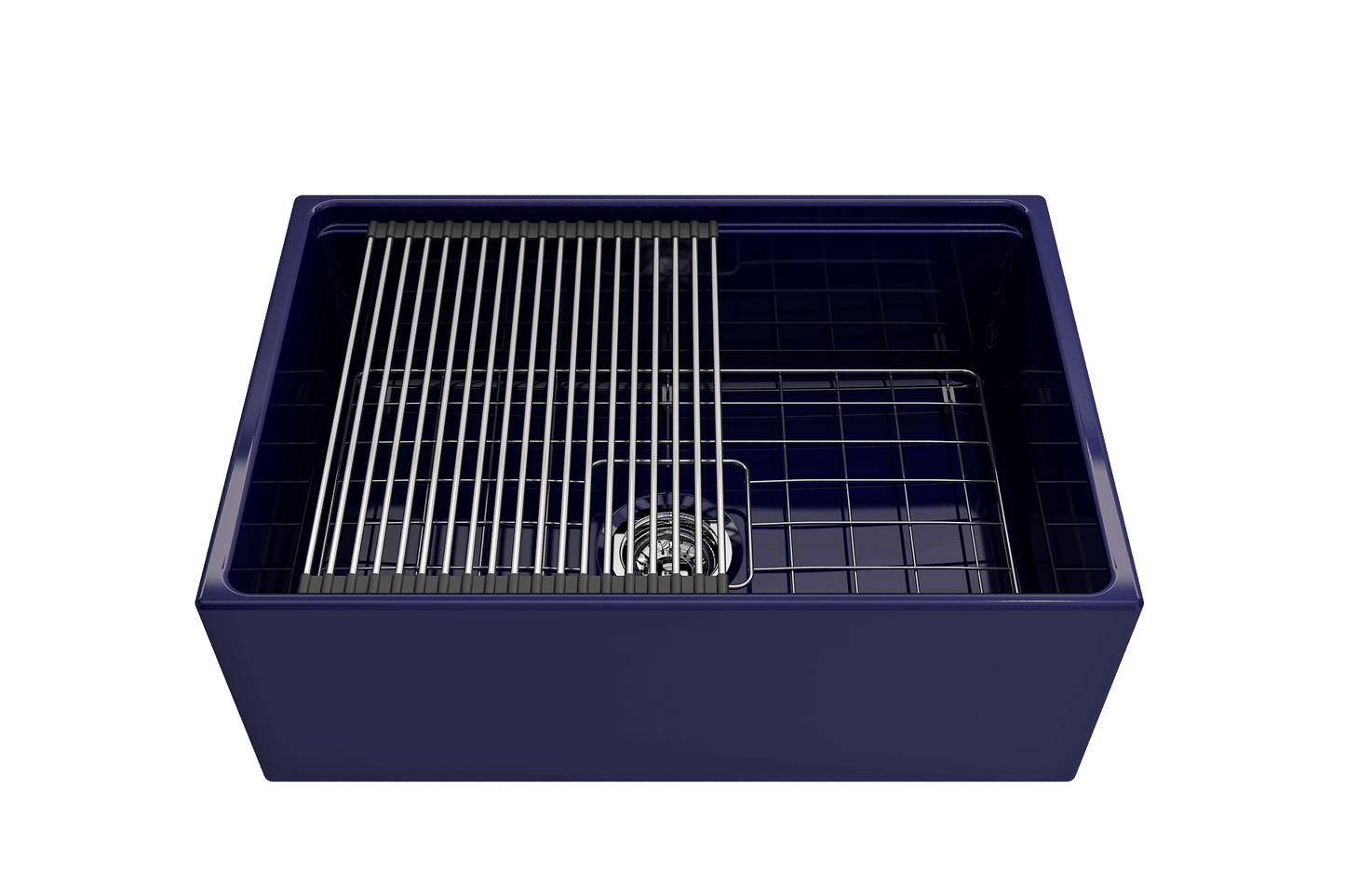 BOCCHI CONTEMPO 27" Fireclay Farmhouse Workstation Kitchen Sink with Accessories, showcasing integrated ledge and grid.