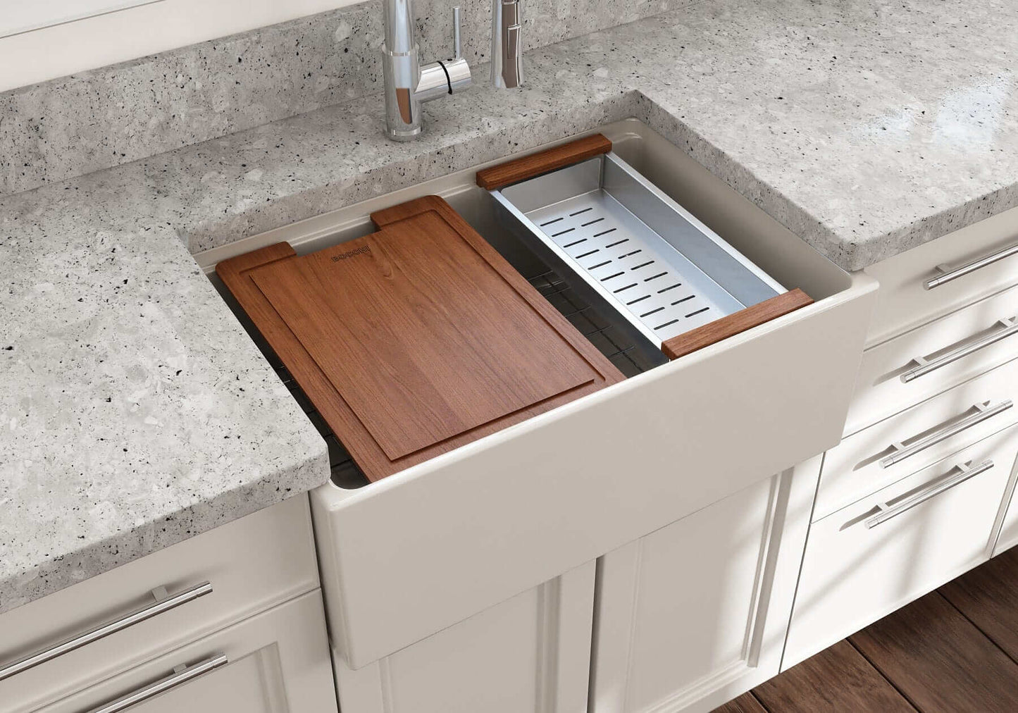BOCCHI CONTEMPO 27" Fireclay Farmhouse Workstation Kitchen Sink with Accessories integrated ledge and wooden cutting board.