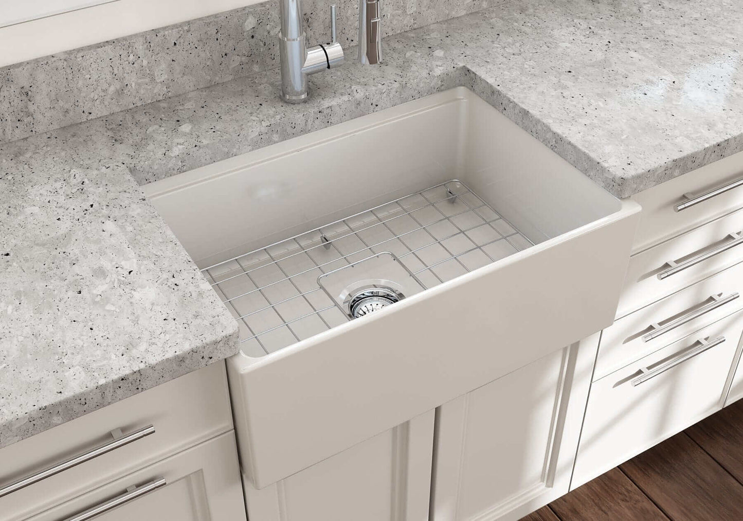 BOCCHI CONTEMPO 27" Fireclay Farmhouse Workstation Kitchen Sink with Accessories in a modern kitchen setting.
