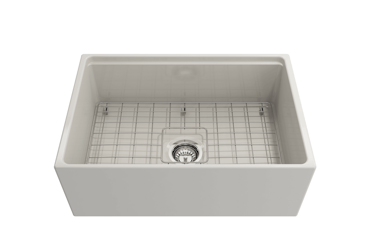 BOCCHI CONTEMPO 27" Fireclay Farmhouse Workstation Kitchen Sink with Accessories in white.