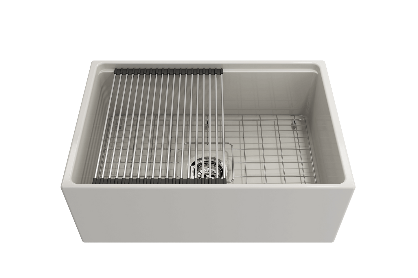 BOCCHI CONTEMPO 27" Fireclay Farmhouse Workstation Kitchen Sink with Accessories - top view showing integrated ledge and drying rack.