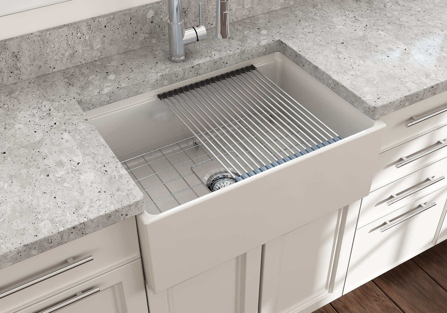 BOCCHI CONTEMPO 27" Fireclay Farmhouse Workstation Kitchen Sink with Accessories on a countertop.