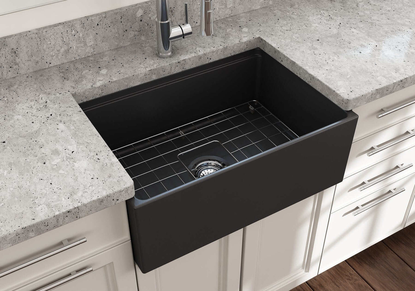 BOCCHI CONTEMPO 27" Fireclay Farmhouse Workstation Kitchen Sink with Accessories installed in modern kitchen.