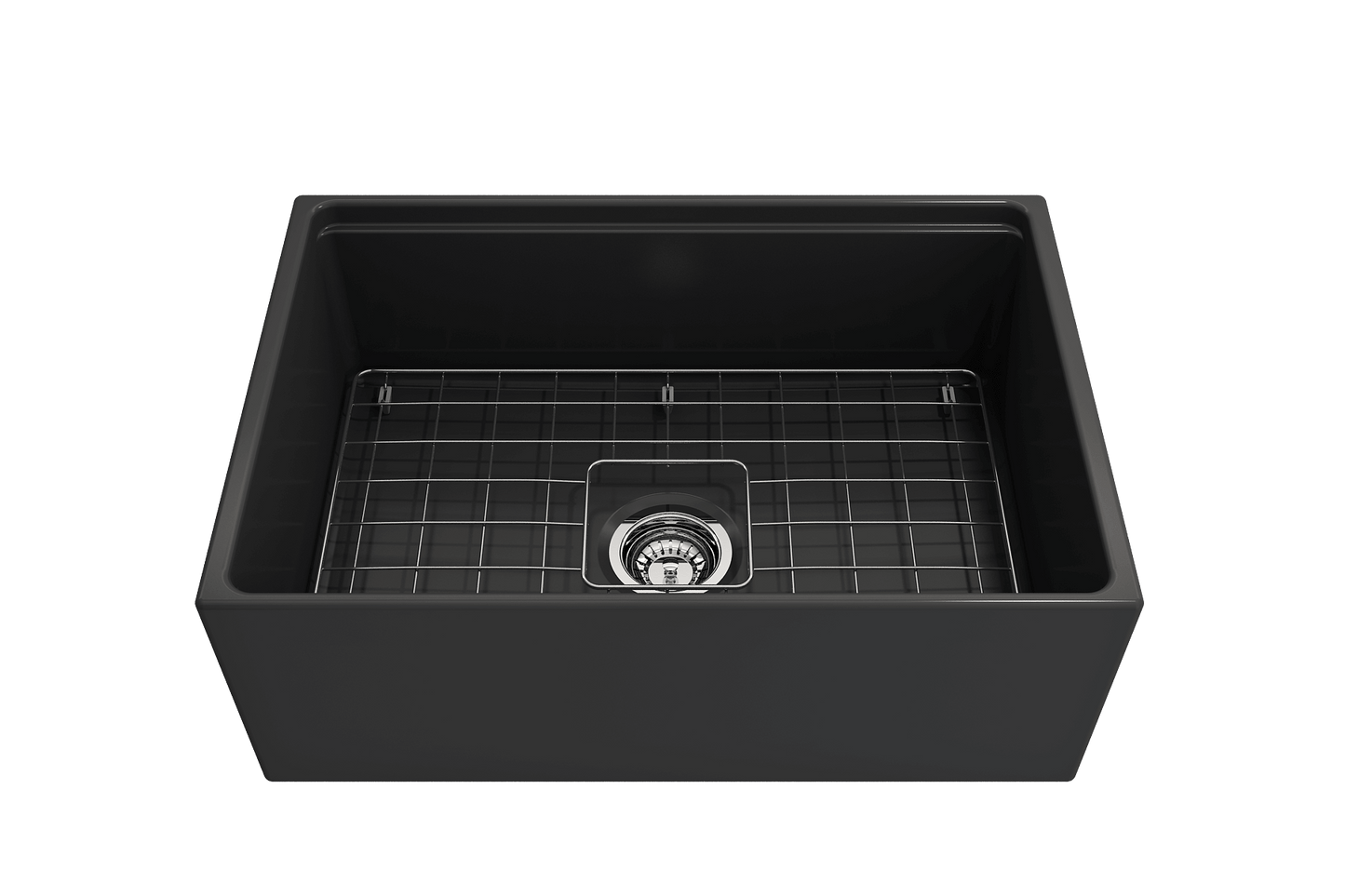 BOCCHI CONTEMPO 27" Fireclay Farmhouse Workstation Kitchen Sink with Accessories - top view showing interior and grid rack.