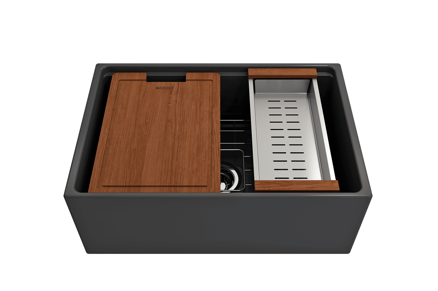 BOCCHI CONTEMPO 27" Fireclay Farmhouse Workstation Kitchen Sink with Accessories featuring wooden cutting board and basket.