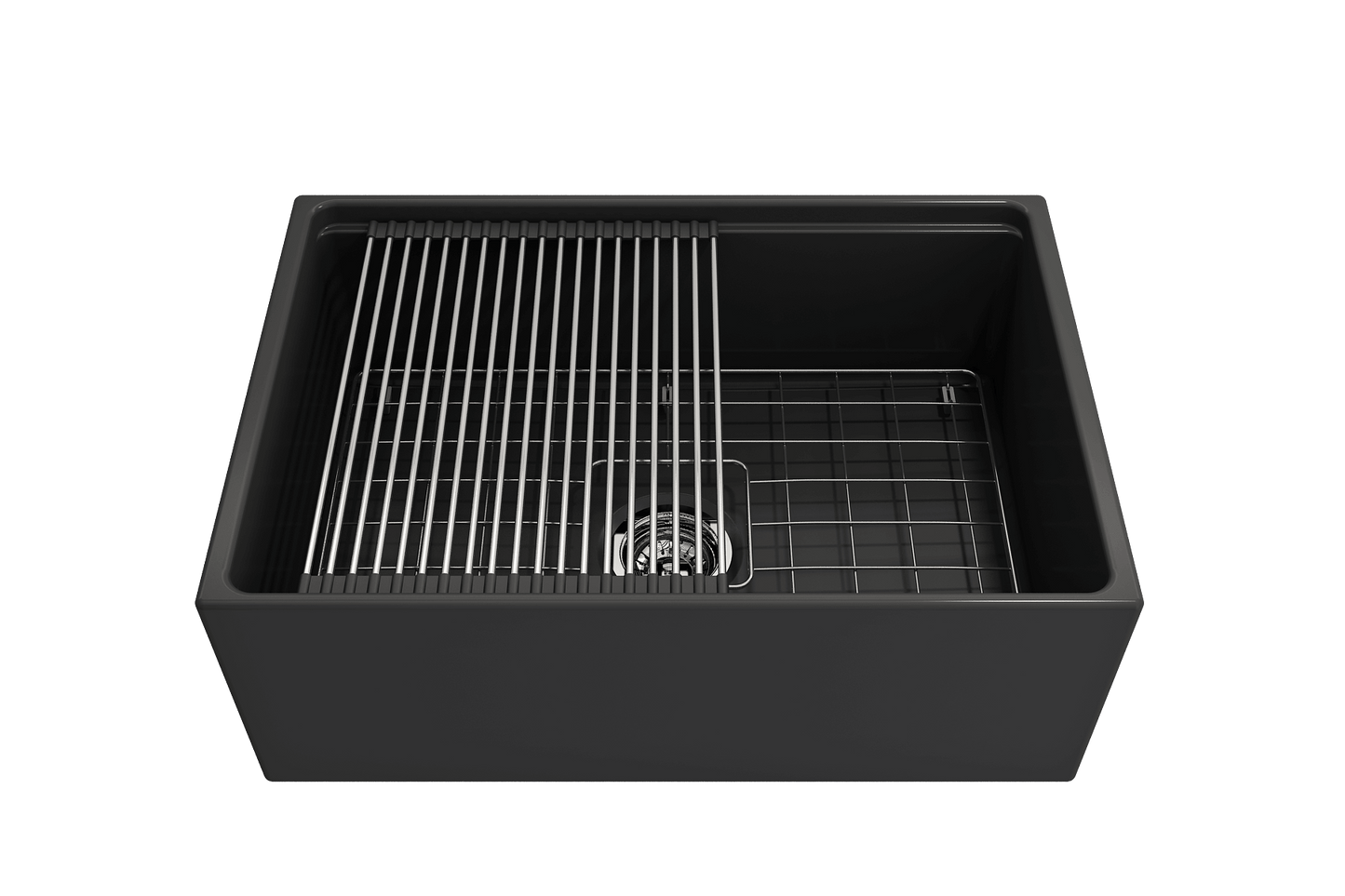 BOCCHI CONTEMPO 27" Fireclay Farmhouse Workstation Kitchen Sink with Accessories top view showcasing integrated ledge and grid.