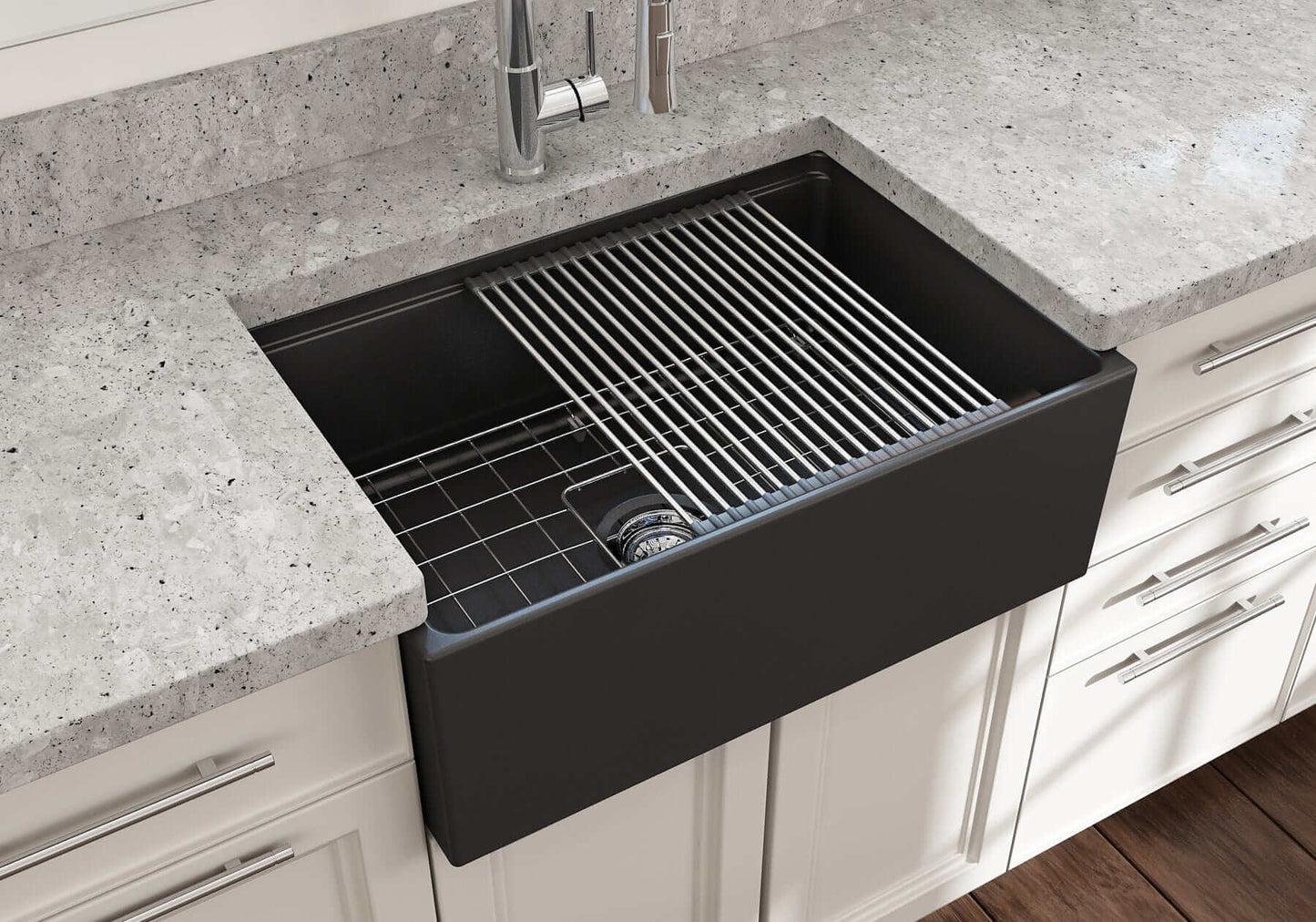 BOCCHI CONTEMPO 27" Fireclay Farmhouse Workstation Kitchen Sink with Accessories in a modern kitchen setting.