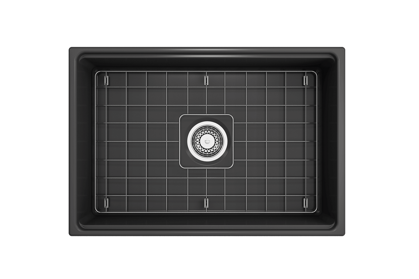 BOCCHI CONTEMPO 27" Fireclay Farmhouse Workstation Kitchen Sink with Accessories, top view showing grid pattern.