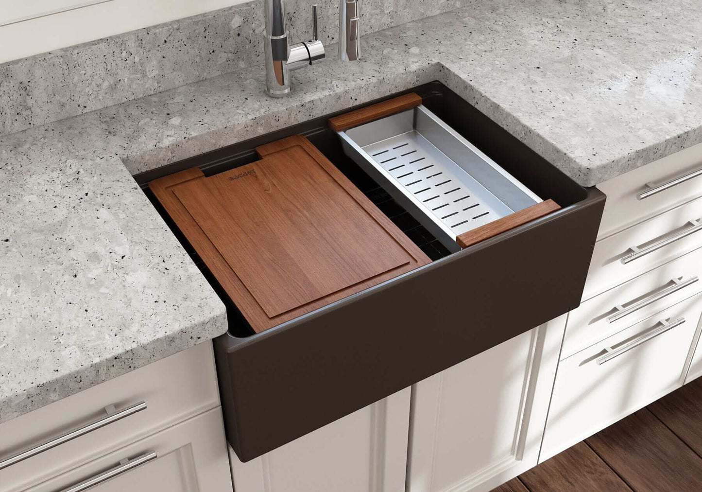 BOCCHI CONTEMPO 27" Fireclay Farmhouse Workstation Kitchen Sink with Accessories in a modern kitchen setting.