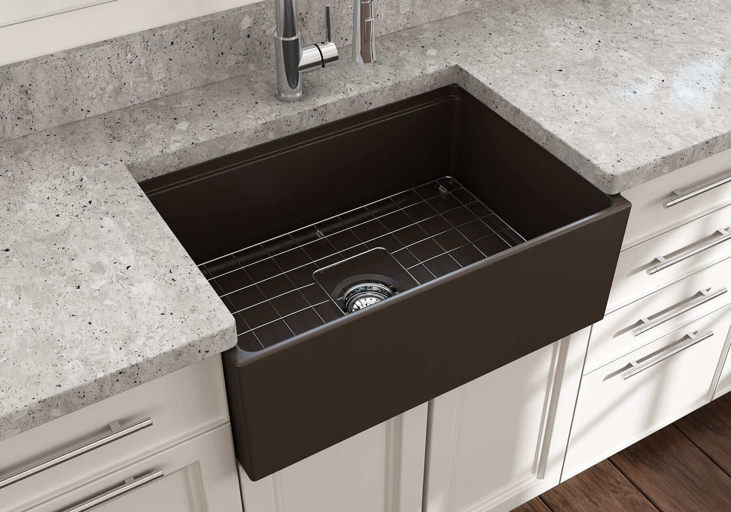 BOCCHI CONTEMPO 27" Fireclay Farmhouse Workstation Kitchen Sink with Accessories in a modern kitchen setting.