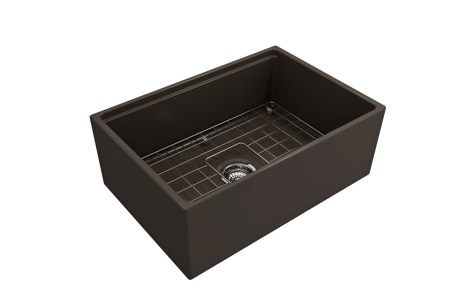 BOCCHI CONTEMPO 27" Fireclay Farmhouse Workstation Kitchen Sink with Accessories in a dark finish.